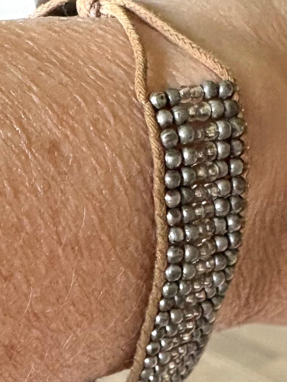 American Eagle Outfitters Silver Beaded Bracelet on Tan Cord